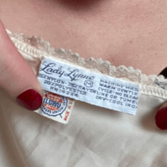 Vintage 80s Lady Lynne Slip Top Spaghetti Strap Lace Lingerie Silky Tank Cami - Picture 2 of 8